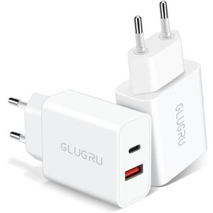 European Travel Plug Adapter, GLUGRU 2-Pack 20W Dual Port USB C Wall Charger Type C Fast Charging Block International Power Adapter US to Europe EU for iPhone 16 15 14 13 12 11 Pro Max, iPad, Samsung