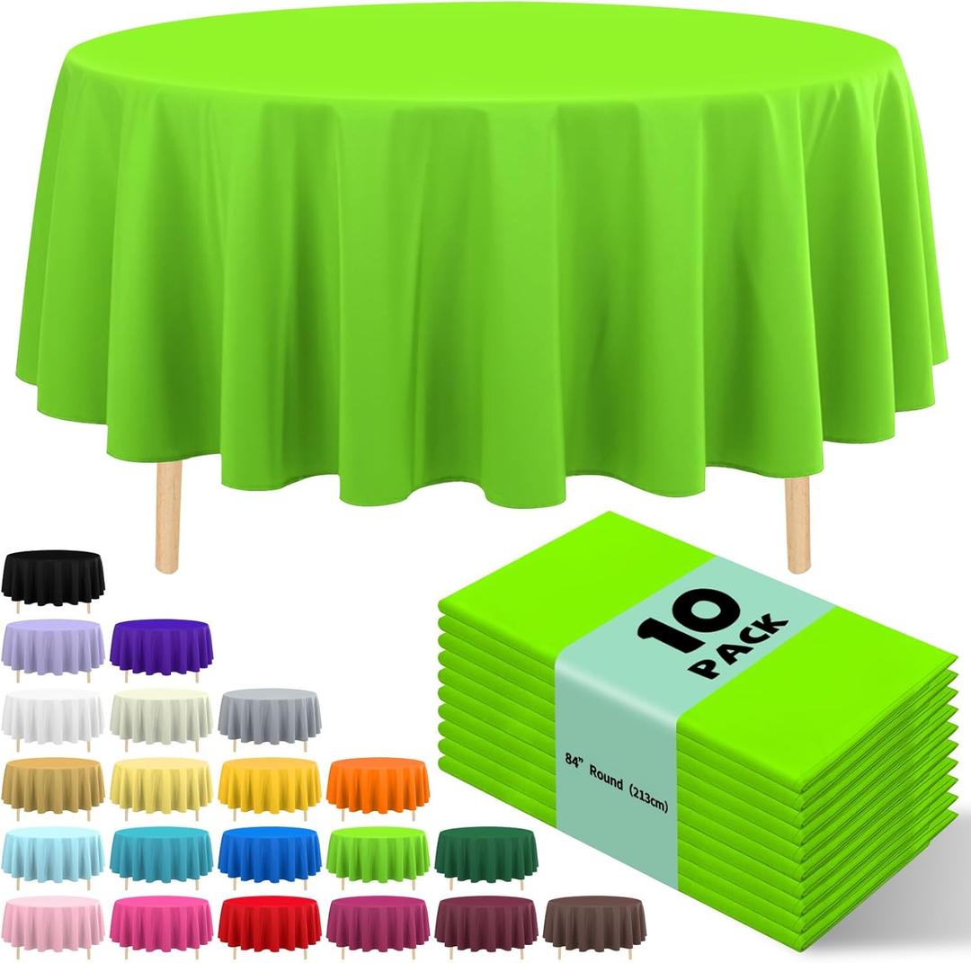 10 Pack Premium Disposable Plastic Tablecloth 84" Round Table Cover for Birthdays Weddings Christmas Anniversary Buffet Table (Lime Green)