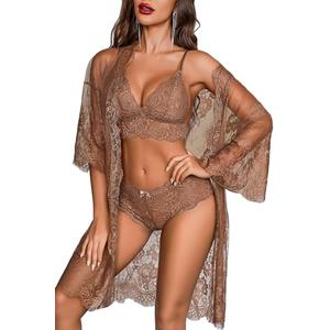 Avidlove Women Sexy Lingerie Set 3 Piece Bra and with Panty Lace Kimono Robe Sheer Sleepwear, L