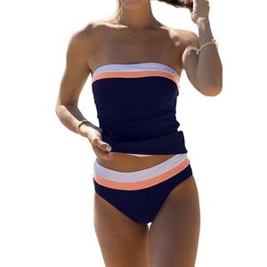 Beachsissi Bandeau Swimsuits for Women Strapless Swimwear Bathing Suits Tummy Control Color Block Tankini Sets, Navy Blue, L