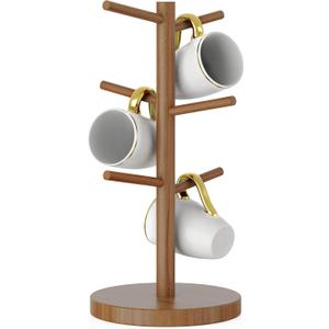 Wisuce Bamboo Coffee Mug Holder Tree, Thicker Base Coffee Cup Holder Stand for Counter, Countertop Mug Rack Organizer with 6 Hooks (Brown