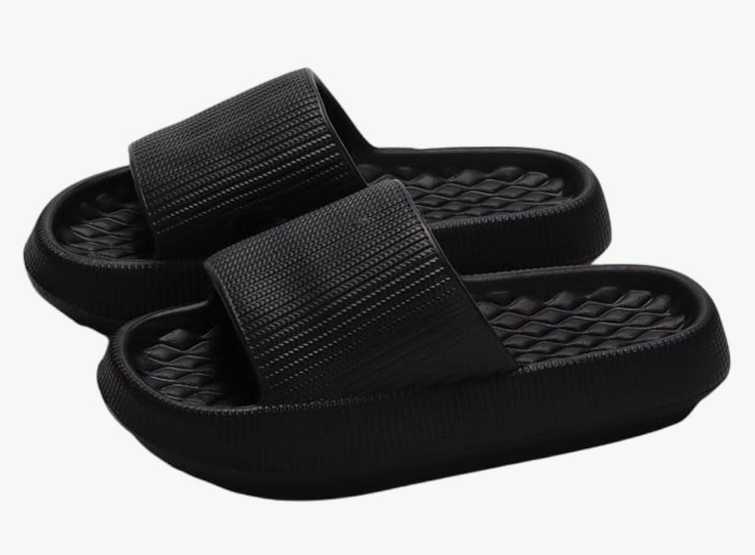 Pillow Slippers for Women And Men House Slides Shower Sandals Thick Sole Beach Pool Non-Slip Comfort Cloud Shoes, Black, 42-43