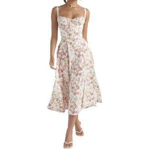 CHARTOU Women's Spaghetti Strap Midi Dress Sleeveless Square Neck Dress Floral Split Cottagecore Dress, Medium