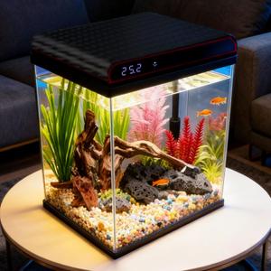 Coospider 5 Gallon Glass Fish Tank, Aquarium Starter Kit - Self-Cleaning, Ultra-Quiet Filter Pump, 3-Color LED Lights, Smart Temp Monitoring for Betta Fish, Shrimp, Kids Gift Idea