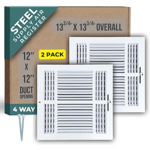 [2 Pack] Fits 12x12 Duct Opening 4 Way Steel Air Supply Diffuser by Handua | Register Vent Cover Grille for Sidewall and Ceiling | White | Outer Size: 13.75" X 13.75"