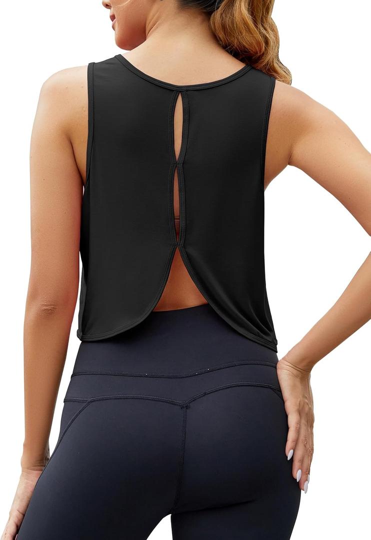 Mippo Workout Tops for Women Open Back Athletic Gym Yoga Tank Tops Loose Fit (Small, Black)
