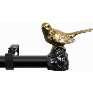 Meriville 1-Inch Diameter Single Window Treatment Curtain Rod, Renaissance Gold Bird Finials, 84-Inch to 120-Inch Black Rod