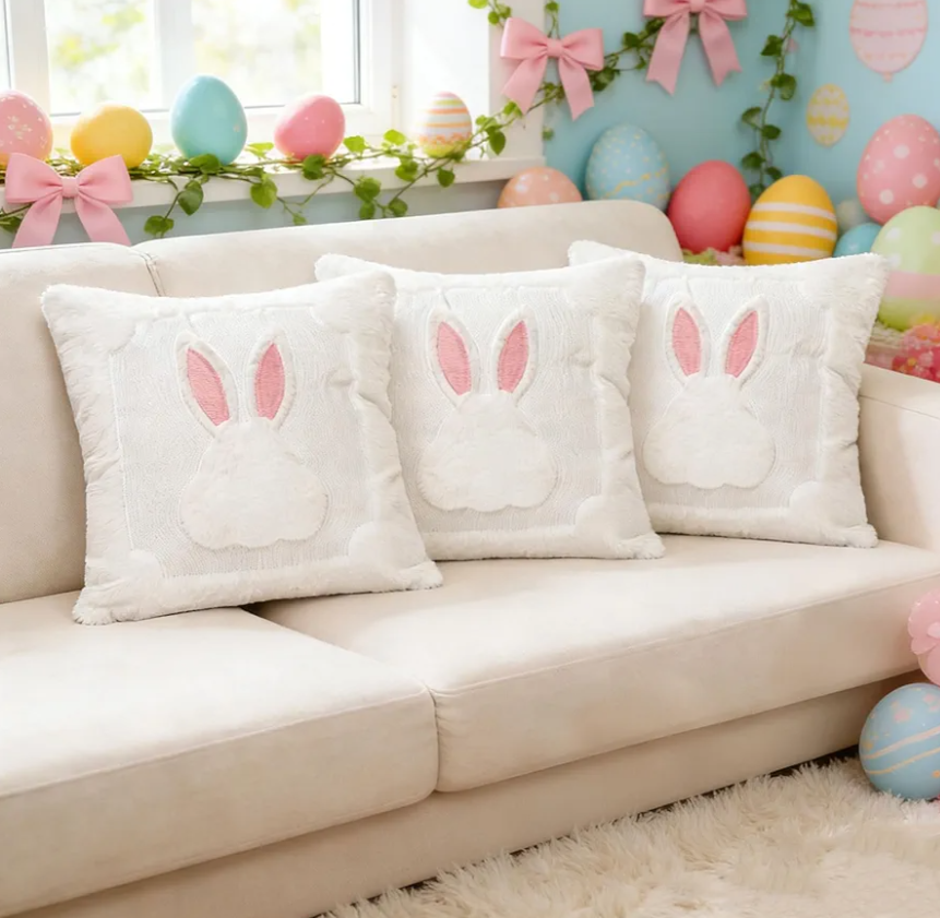 3 Pack Easter Pillow Covers 18x18 Inch White Bunny Pillow Case for Easter Day Decorations Soft Plush Spring Throw Pillow Covers for Couch Bed Living Room Holiday Decor