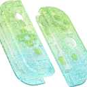 eXtremeRate DIY Replacement Shell Buttons for Nintendo Switch & Switch OLED Joycon and Strap, Glitter Gradient Translucent Green Blue Housing Wrist Strap Cover with Buttons for Switch & Switch OLED