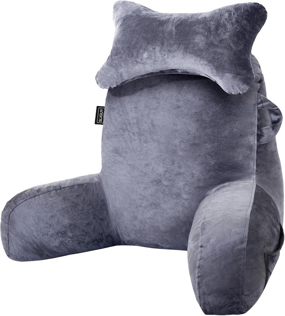 SLIGUY Reading Pillow for Sitting in Bed Couch Adult, Back Pillow with arm Support and Pockets, Adult Back Pillow Bed Chair for Bed Rest, Reading, Watching TV, Gaming for Boys and Girls Dark Grey