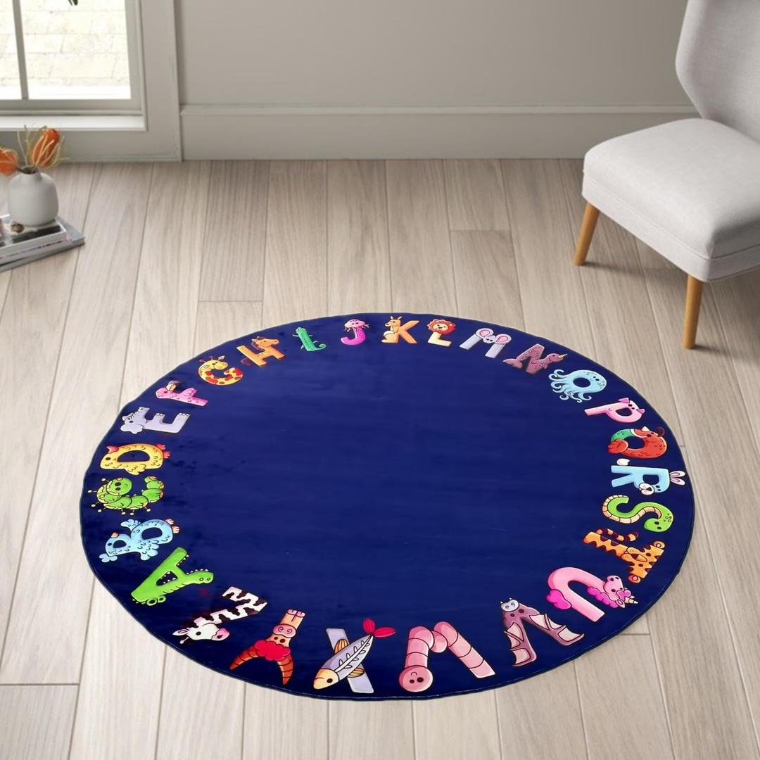 Round Kids Play Rug, ABC Rugs for Kids, Toddlers and Baby, Nursery Area Rug Soft Crawling Play Mat, Non Slip Circle Alphabet Educational Carpet for Children Playroom Classroom Bedroom Decor (3'4" (Round), Blue Animal Patten)