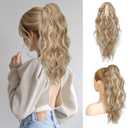Flufymooz Ponytail Extension, 18 Inch Claw Clip Ponytail Extension, Wavy Curly Claw Clip in Pony Tail Hair Extensions, Pony Tail Synthetic Hairpiece for Women (Honey Blonde with Blonde Highlights)