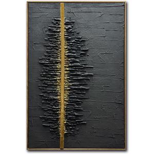 Boiee Art,24x36Inch Framed Hand Painted Abstract Artwork Textured Vertical Wall Art in Dark Charcoal Grey Gold Acrylic Painting