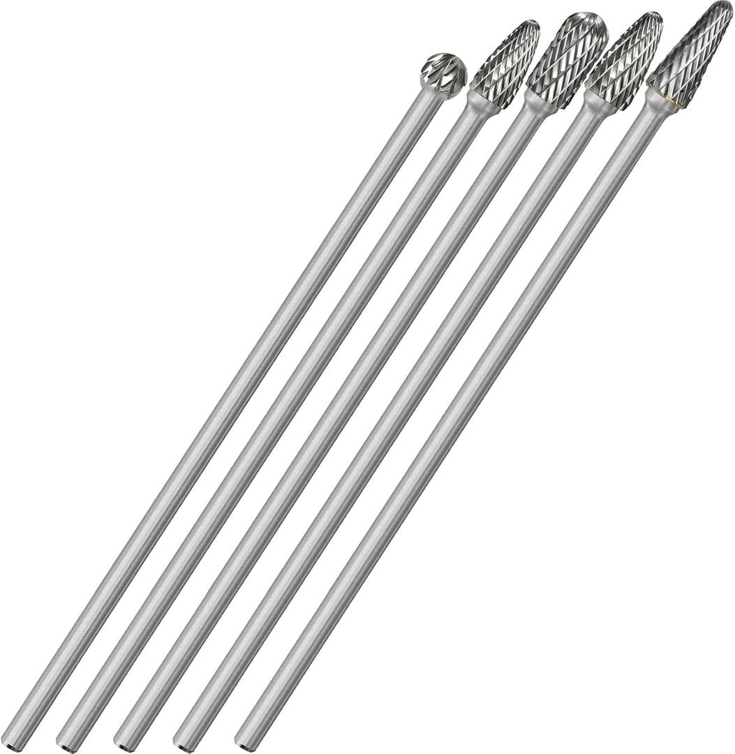 5Pcs Long Carbide Burr Set 1/4" Shank Total L 6.2" Die Grinder Bits Rotary Rasp Attachment Cut Port Grind Metal Cast Iron Steel Aluminum Cylinder Head Engine Intake Exhaust Manifold Tight Area