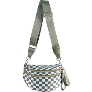Spacious Checkered Nylon Crossbody Bag Bum Bag Checkered Handbags Wallets for Women (Beans Green Checkered)