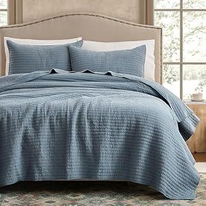 WDCOZY 100% Cotton Queen Size Quilt Set, Channel Pick Stitch, Dusty Blue