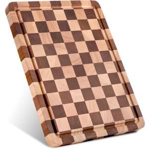 Checkered Cutting Board for Kitchen - Solid Wood End Grain Checkerboard Chopping Board with Handle & Juice Groove, Double Sided for Cooking, Serving and Decor, Rectangular 16" x 12" x 1"