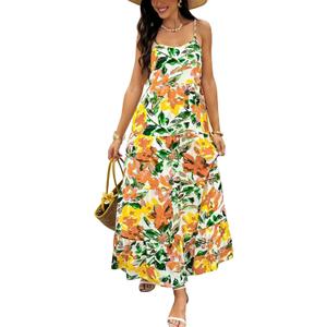 PRETTYGARDEN Women Summer Dresses 2026 Spaghetti Strap Scoop Neck Floral Maxi Dress Flowy Boho Long Sundress with Pockets (S)