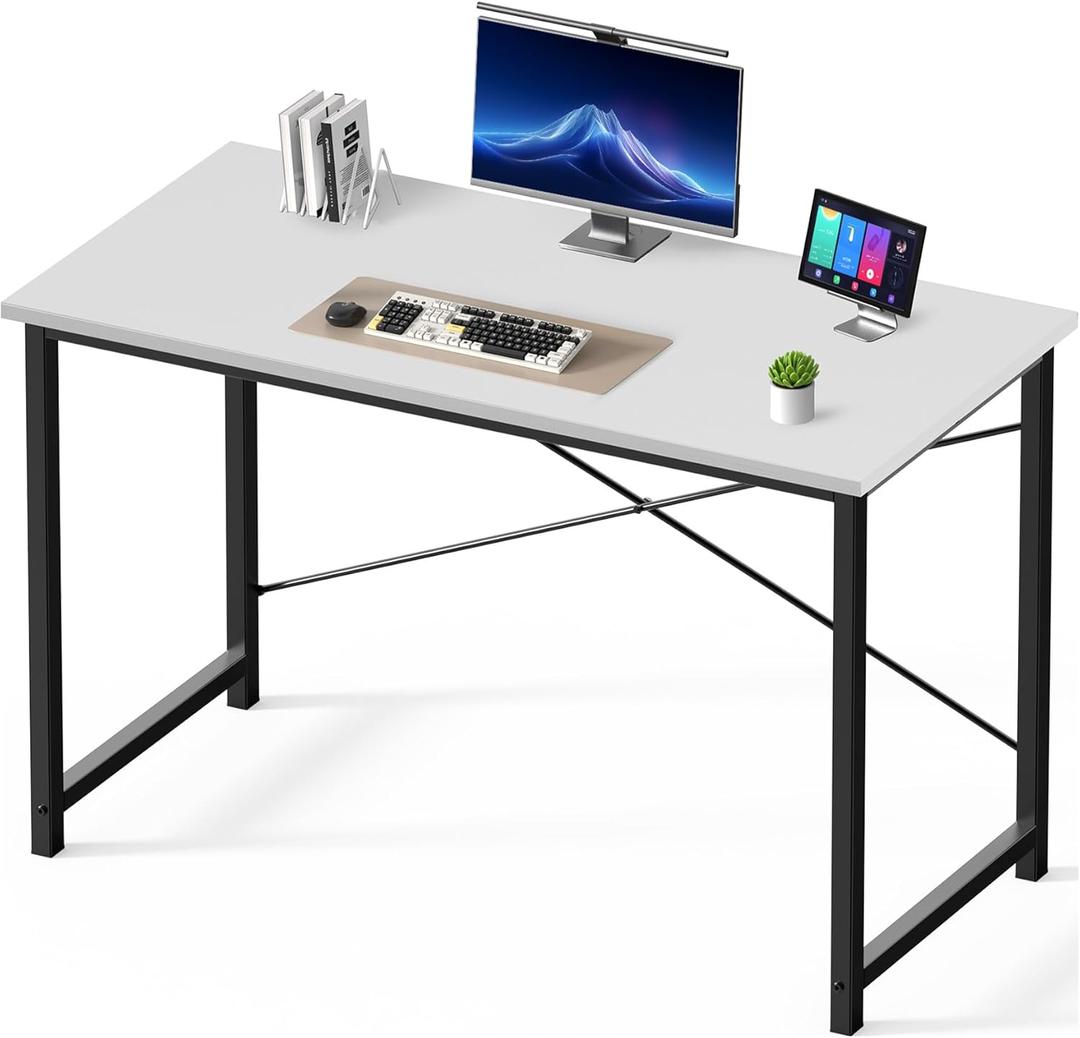 DUMOS 47 Inch Computer Desk for Home Office, Modern Study Work Table Simple Modern Style for Bedroom Small Space, Writing Desks with X-Shaped Reinforcement, Wood White