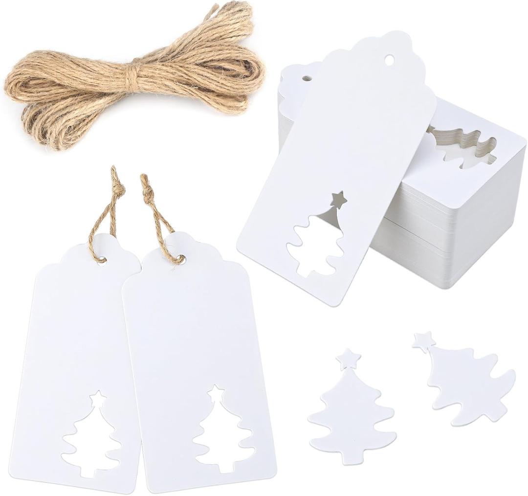 G2PLUS Christmas Tree Gift Tags with String - 100Pcs Hollow Christmas Tree Tags, 2x4in Blank White Paper Tag for Xmas Decor, Gift Wrapping, DIY Arts & Crafts, Holiday Party Favors