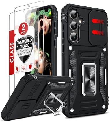 LeYi Compatible for Samsung Galaxy S23 FE Case: [NOT FIT S24 FE] S23FE Case with Slide Camera Cover + 2X Tempered Glass Screen Protector, Military-Grade with Kickstand for Galaxy S 23FE, Black
