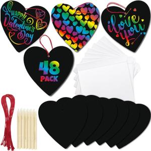 ArtCreativity 48 Pack Scratch Off Valentine Cards for Kids Classroom, Set of 48 Valentine Cards Ink-Free Scratch Off Hearts with Sticks, Red String, and Envelopes, Valentines Crafts