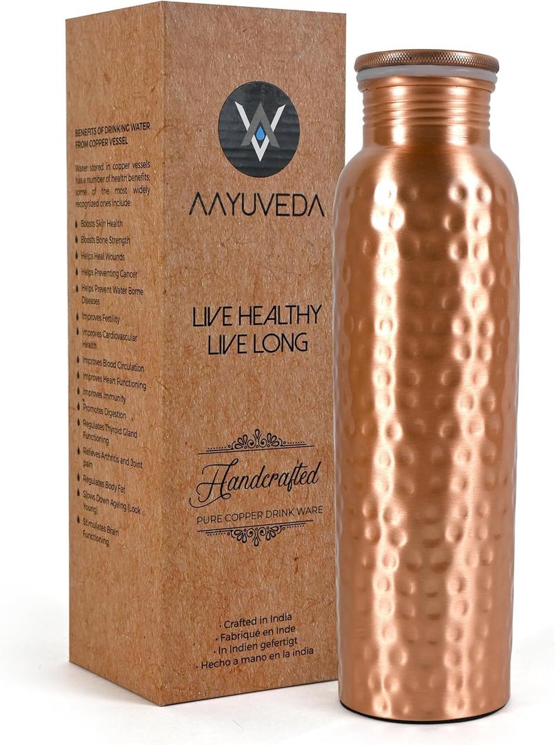 Pure Copper Bottle | 34Oz Water Bottle For Drinking | Leak-Proof Hammered Design Bottles For Home, Gym, School & Travel | Durable, Rust Proof & Handmade Bottles | Ayurvedic Copper Cups