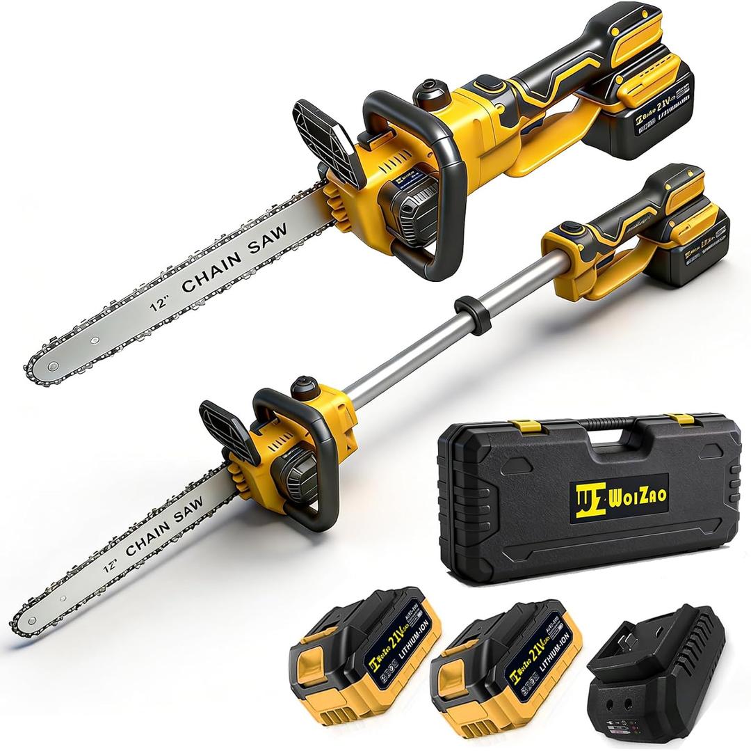 12" Electric Chainsaw Cordless with Extension Pole, 21V Battery Powered Brushless 12 Inch Cordless Pole Saw, 2 x 4.0Ah Batteries and Charger for Wood Cutting, Tree Trimming Branch Pruning