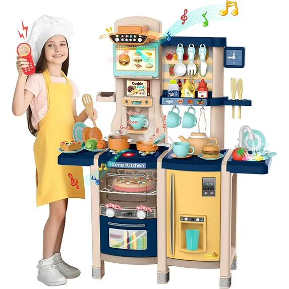 SANDINRAYLI Play Kitchen, Kids Kitchen Playset for Ages 4-8, Toy Pretend Kitchen with Spray Stove, Oven, Sink, Dishwasher, Functional Kitchen for Toddlers 3-5 with Real Sounds and Light, Blue