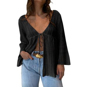 Saodimallsu Womens Summer Lightweight Tie Front Cardigans Crochet Knit Long Bell Sleeve Casual V Neck Beach Cover Ups (Small, Black)