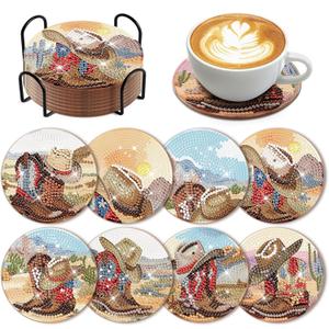 8 Pcs Cowboy Diamond Art Coasters Kit with Holder Western Cowboy Hat Boot Diamond Art Coasters for Adults Diamond Art Kit Supplies for Present