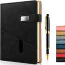 A5 Lined Leather Journal with Pen, 240 Pages Refillable Hardcover Notebook with Pocket and Magnetic Buckle, 80gsm Thick Daily Diary for Men and Women, Great Gift for Business Travel Personal - Black