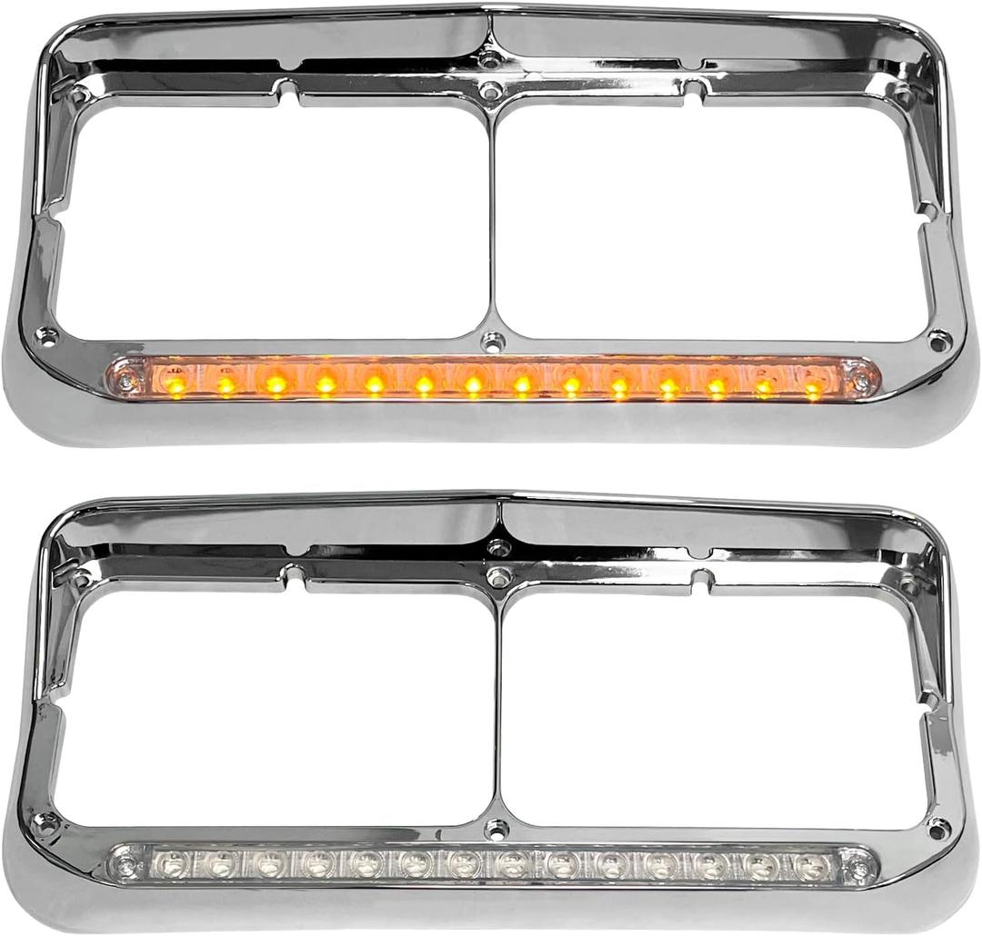 Grandroad auto Headlight Bezels Chrome w/Visor 12" LED Light Strip Replacement for 4x6 Lights Kenworth T400 T600 T800 W900B W900L Peterbilt 378 379 Western Star 4900 Freightliner, White Light