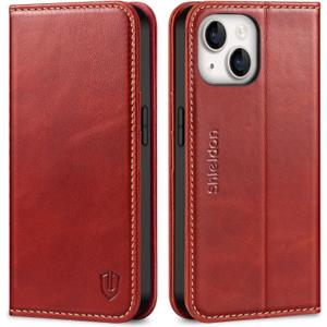 SHIELDON Wallet Case for iPhone 14 5G 2022, Genuine Leather Folio Case Magnetic Closure RFID Blocking Card Slots Kickstand Full Protection Cover Compatible with iPhone 14 (6.1 inch) - Retro Red
