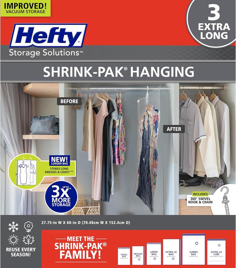 Hefty Shrink-Pak Hanging Vacuum Storage Bags  For Clothes, Pillows, Towels, Blankets & More  Space Saver Vacuum Suction Sealer for Home or Travel  3 Extra Long Hanging, 60 x 27 Inches