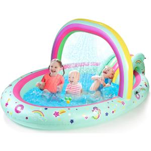 SULIFEEL Rainbow Unicorn Inflatable Play Center Kiddie Pool with Slide and Sprinkler for Children, 96''x59''x39''in Baby Pool for Backyard and Garden