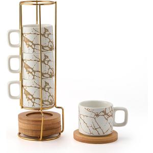LUKA Porcelain Espresso Cup with Saucer and Metal Stand, 4 Ounce Stackable Ceramic Demitasse Espresso Mugs Cups Set for Latte, Coffee, Cafe Mocha, Tea(Set of 4),Marbling White