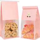 Funcoo 50 Bakery Bags with Window, 5.1x3.9x11 Inches Paper Bread Bags, Tin Tie Tab Lock Cookie Bags Food Storage Bag for Snacks, Popcorn, Candies, 60 pcs Stickers Included