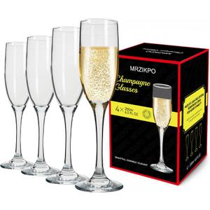 Champagne Glasses,Set of 4,Classic Shape,Hand Blown Elegant Unique Gift for Long stem Sparkling,Wine glasses for Wedding,Birthday Mothers Day-Ideal for Wine Tasting,Daily Use-6.5 oz,Clear