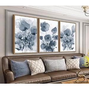 arteWOODS Botanical Framed Wall Art - Abstract Watercolor Style Pictures Grey Blue Floral Wall Decor Minimalist Prints Aesthetic Flowers Painting Artwork 20" x 28" Set of 3 Natural Framed