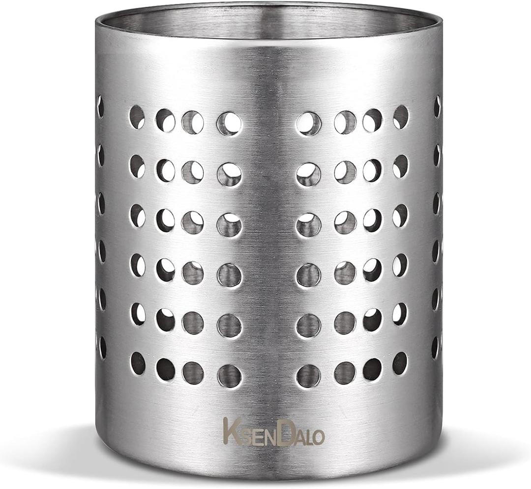 KSENDALO Small Stainless Steel Utensil Holder, SUS304 Silverware Utensil Drying Rack, Utility Sturdy Home Kitchen Daily Use Utensil Drainer for Countertop, Silver (5.32inch Tall)