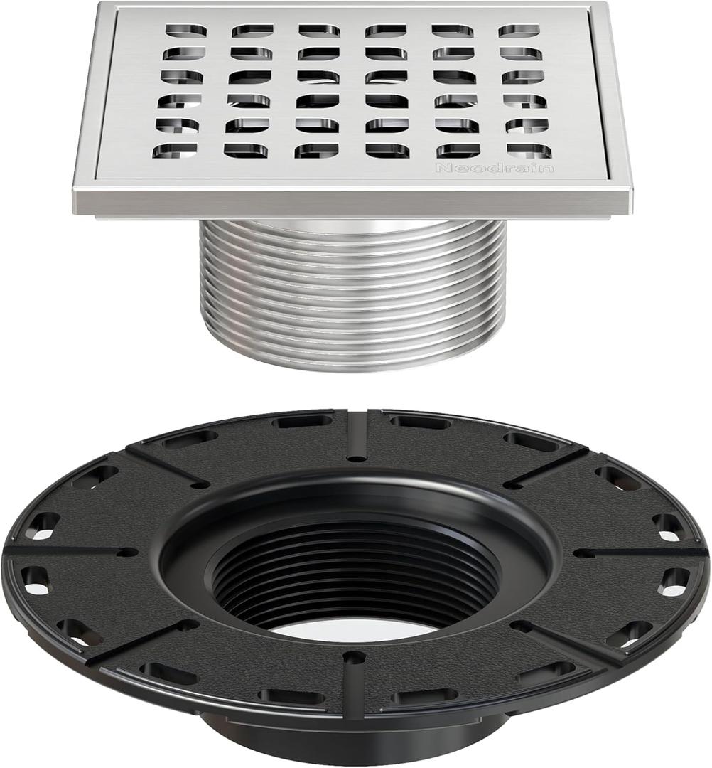 Neodrain 4" Brushed Shower Drain Grate Kit, Low Profile Compatible with Schluter Kerdi Bonding Flange -Bathroom Drain Kit with Adjustable Collar, 304 Stainless Steel Removable Cover, Hair Catcher