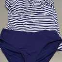 Tempt Me 2 Piece Tankini Bathing Suits One Shoulder Swim Top with Bottom White Blue Stripe S