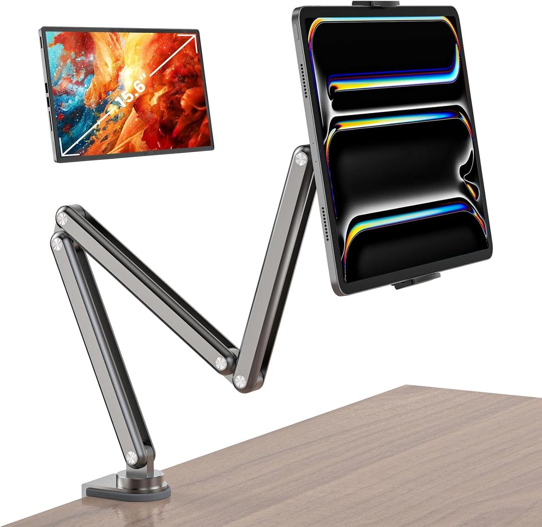Aluminum Alloy Foldable Tablet Arm Mount Holder - Compatible with iPad, Samsung Galaxy Tab & More 7-15.6'' Tablet Portable Monitor (Gray)