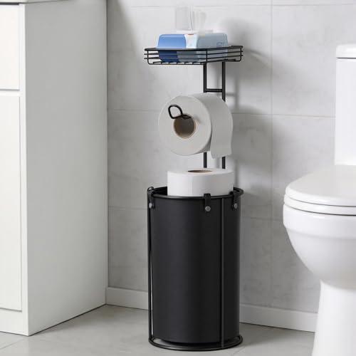 Free Standing Toilet Paper Holder with Storage - Bathroom Toilet Tissue Holder with Waterproof Organizer Bag, Rustproof Metal Toilet Paper Roll Holder with Shelf for Wipes & Phone, Black