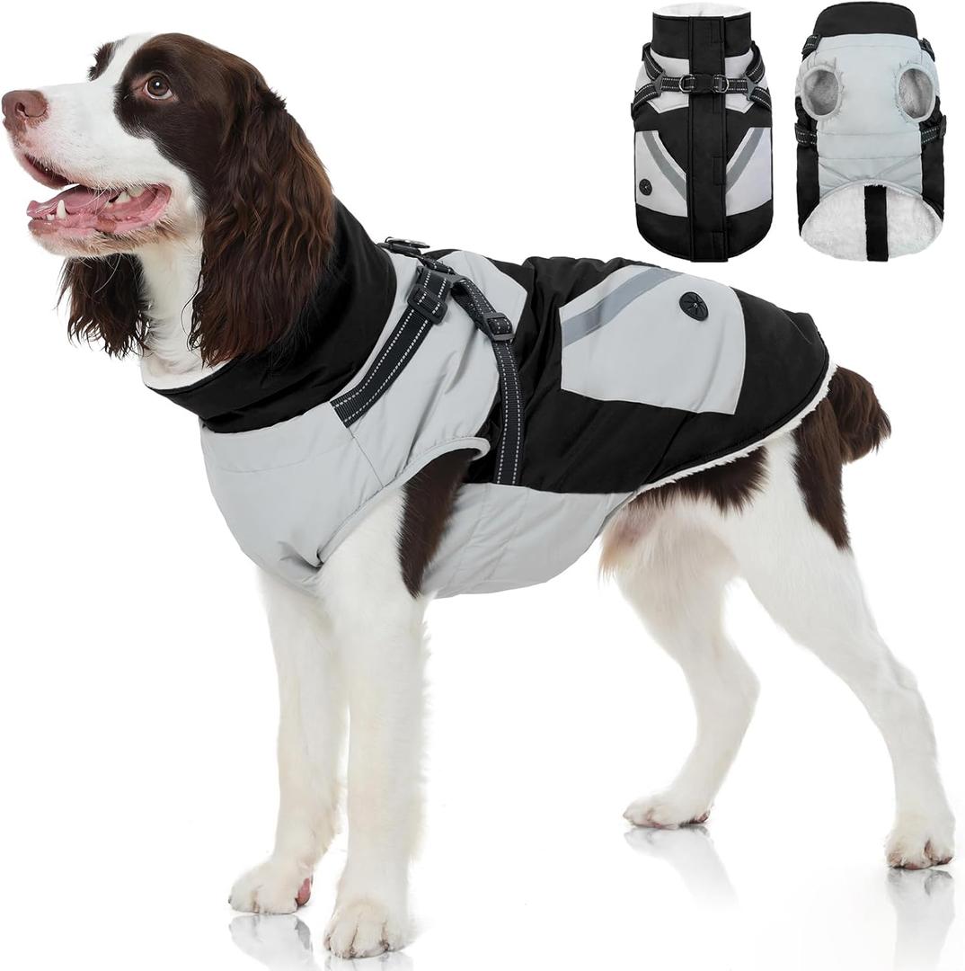 FUAMEY Dog Winter Jackets for Large Dogs,Dog Coat with Harness Built in,Waterproof Dogs Snowsuits Warm Pet Jacket Zip Up Fleece Cold Weather Coats Reflective Puppy Vest with Pocket Black L (Large(chest:24in))