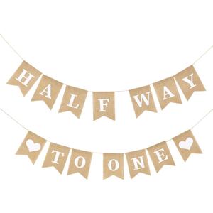 Pre-Strung Half Way To One Banner for Baby Boy, 1/2 Birthday Party Decorations, Neutral 6 Month Half Birthday Decorations For Boys Girls (Khaki)