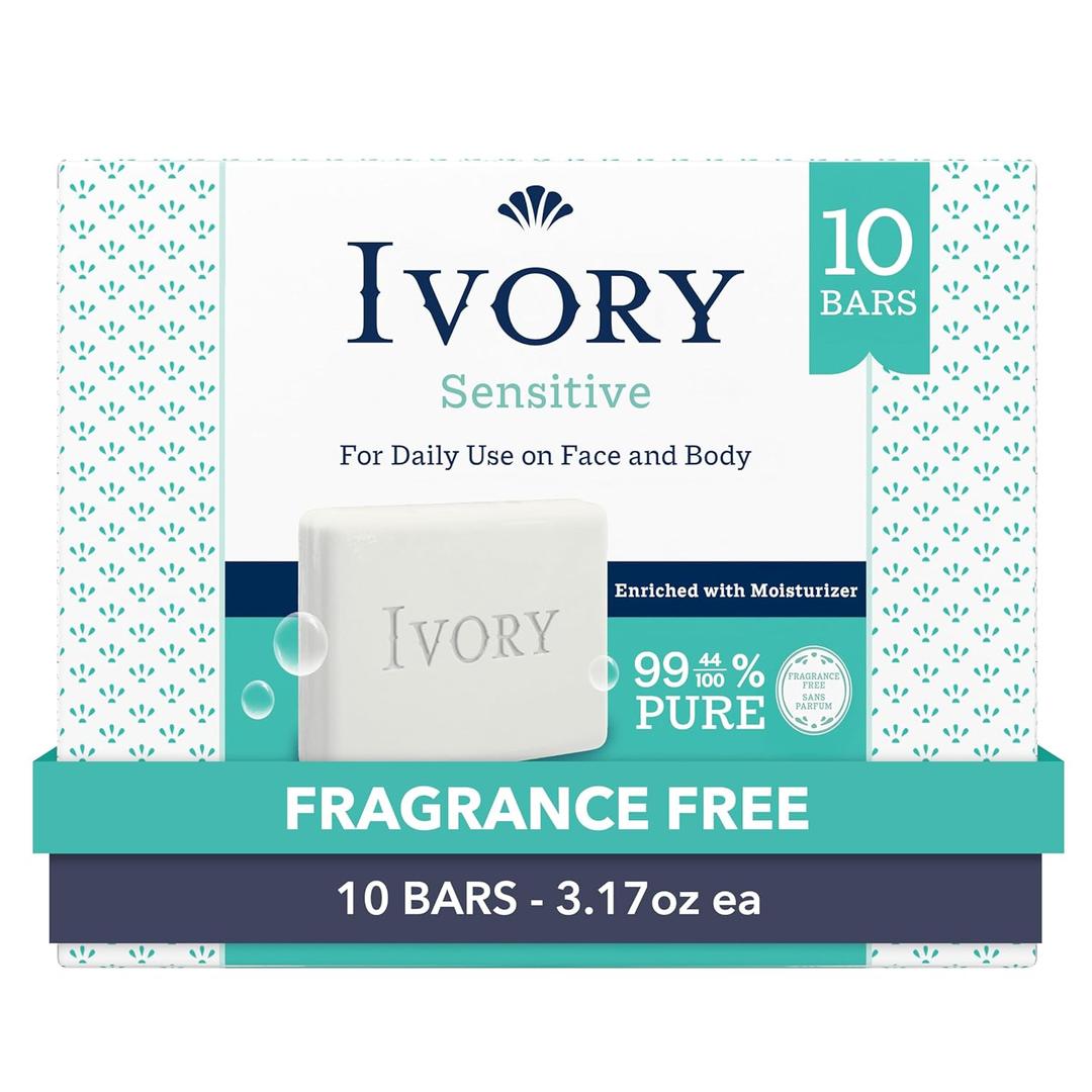 Ivory Sensitive Bar Soap, Designed for Whole Family, Fragrance Free, 99.44% Pure Formula, Plant-Based Cleanser, Made Without Heavy Perfume, Parabens, Phthalates, For All Skin Types, 3.17 oz (10 Count)