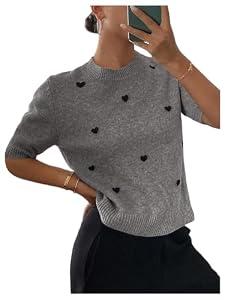 SOLY HUX Women's Short Sleeve Sweater Crew Neck Heart Print Knit Top Work Office Clothes Grey Hearts Large