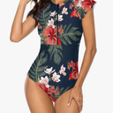 Wolddress Women Modest One Piece Bathing Suit Short Sleeve Tummy Control Swimsuit Zipper Surfing Athletic Rash Guard, Size Small